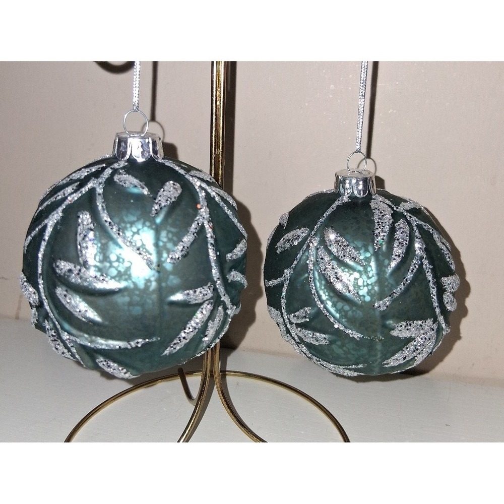 Lenox Green Glass Christmas Ornaments Silver Glitter 3.5" Set of 2